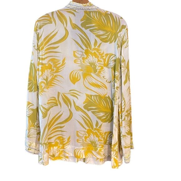 Soft Surroundings M Yellow Heavy Beaded Tropical Palm V-Neck Resort Swim Cover - Picture 2 of 8